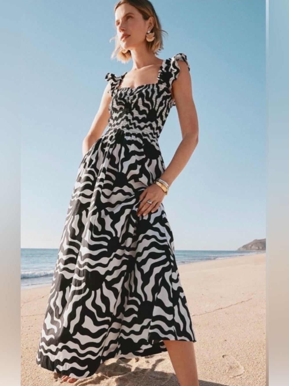 LOFT Smocked Maxi Dress Black White Print Ruffle Straps Flowy Summer Beach L